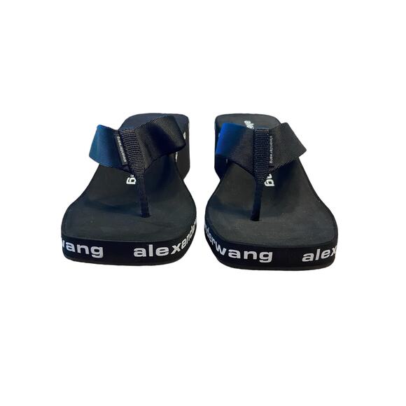 Alexander Wang Wedge Flip Flop Thong Sandals Logo Print Square Toe Black Size 37 - Picture 5 of 12